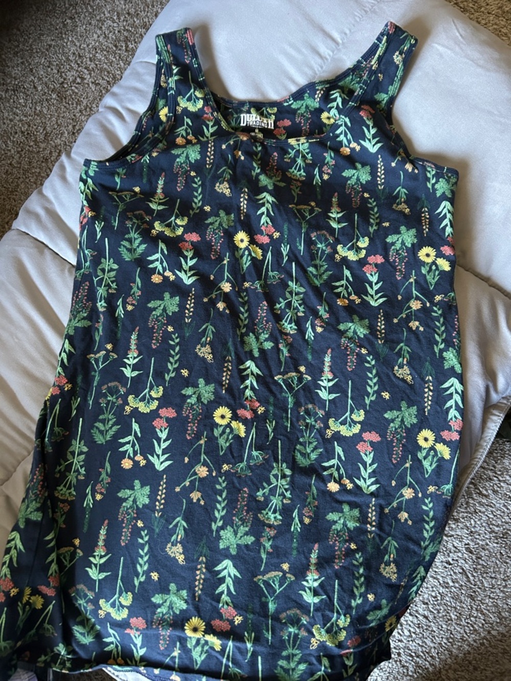 Duluth Trading Co Black Floral Tank with Green Stems and Yellow & Coral Blooms